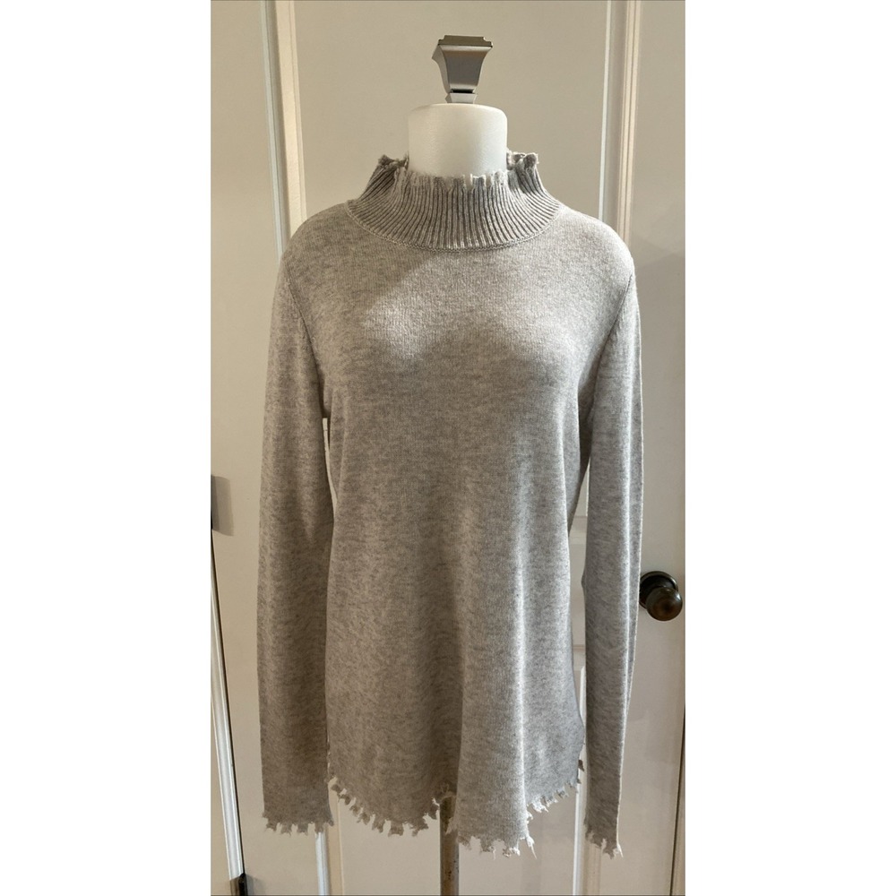 Nyland Gray Sweater Large Knit Long Sleeve Mock Neck Distressed Wool Cashmere